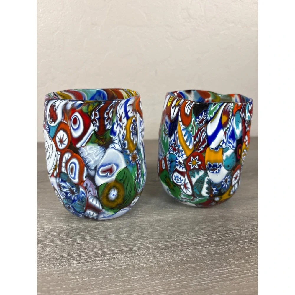 Millefiori Murano Venetian Style Art Glass Tumblers Set of 2 Multi Color Mosaic